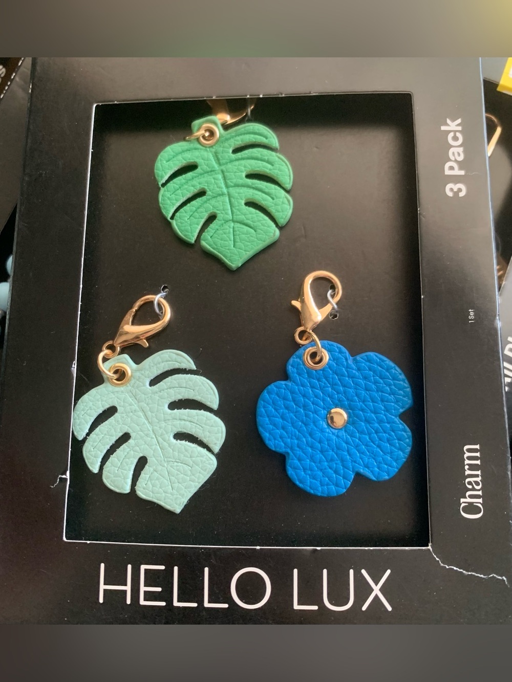 NIB Blue Flower and Green Leaf Leather Charm 3 pc Set